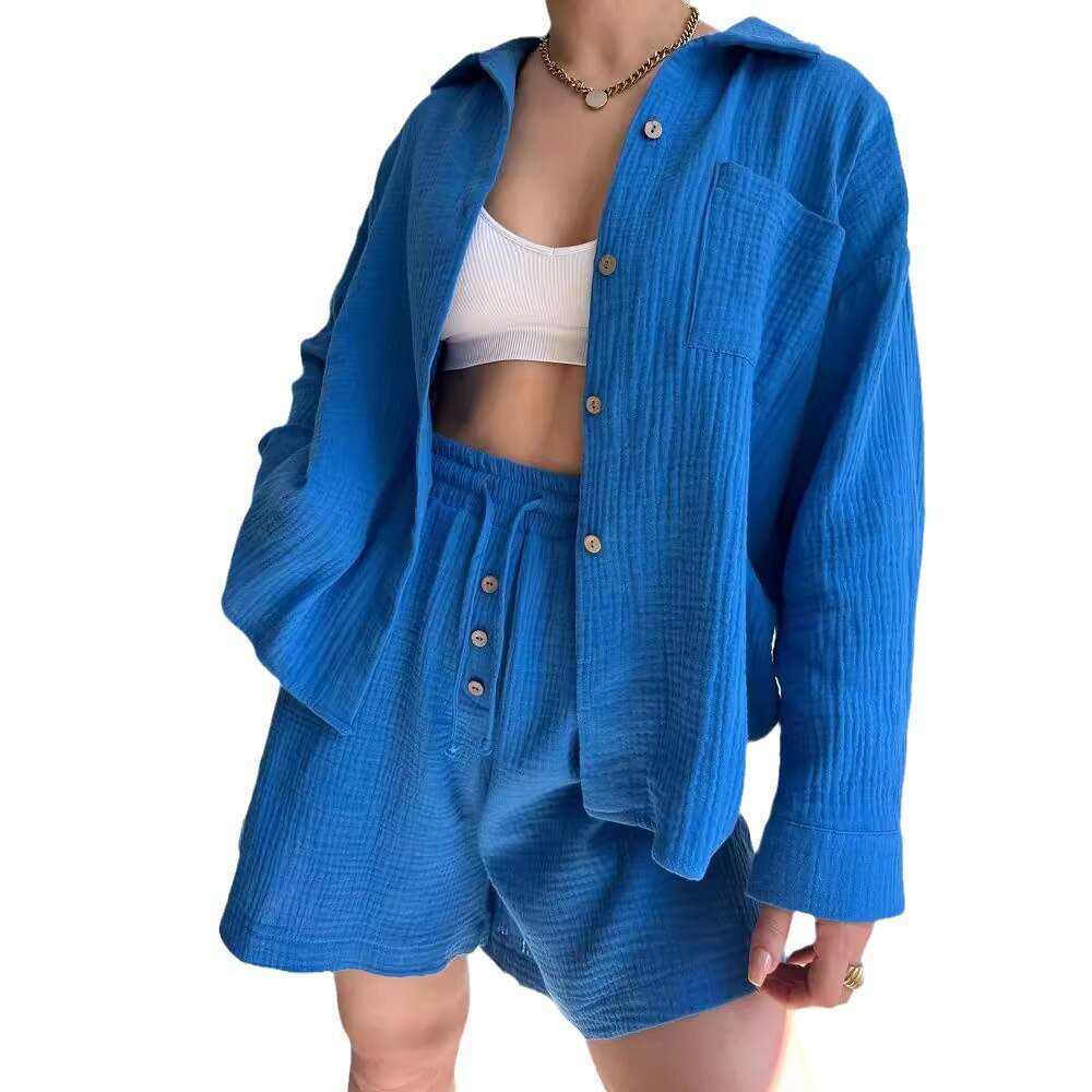 2026 European American women's fashion wrinkled fabric collared long-sleeve shirt and high-waisted drawstring shorts stylish casual two-piece set