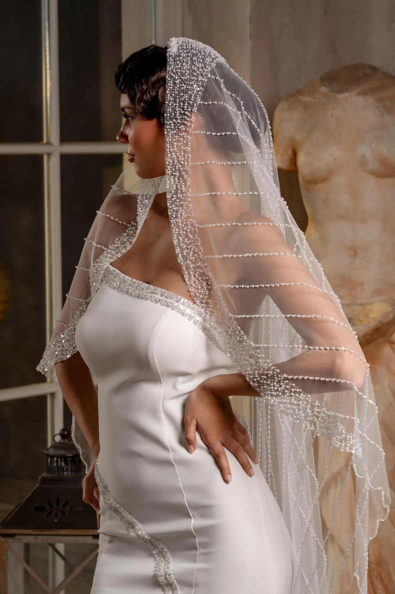 Luxury Beaded Pearls Wedding Veil 3 Meters White Ivory Beading Bridal Veil Customized Bride Headpiece Accessories