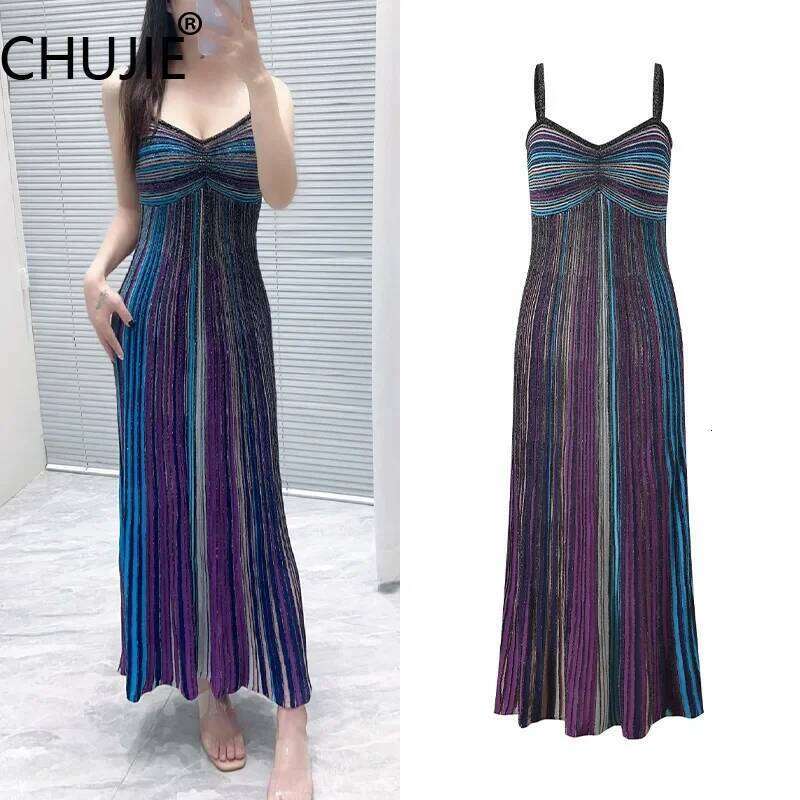 Women's Summer New Fashion Design Color Striped Folded Long With Stylish And Slim Fit Strap Dress Mdng260330