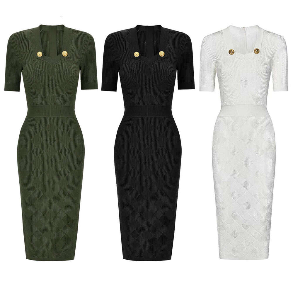 Spring and summer new designer short f23 sleeved slim fit mid length knitted long skirt simple and elegant layered dress