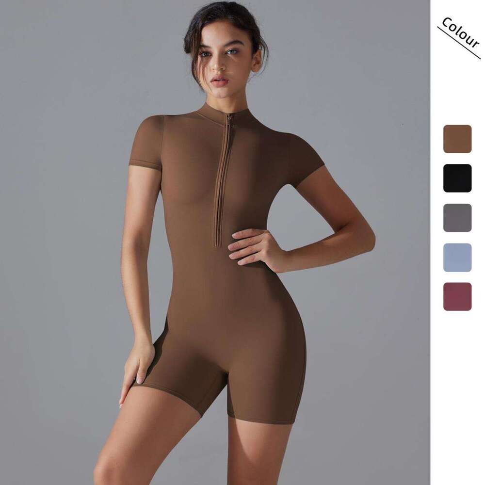 New European And American Summer Zipper Short Sleeve Shorts Yoga For Women Dance Fitness Tight Sports Jumpsuit
