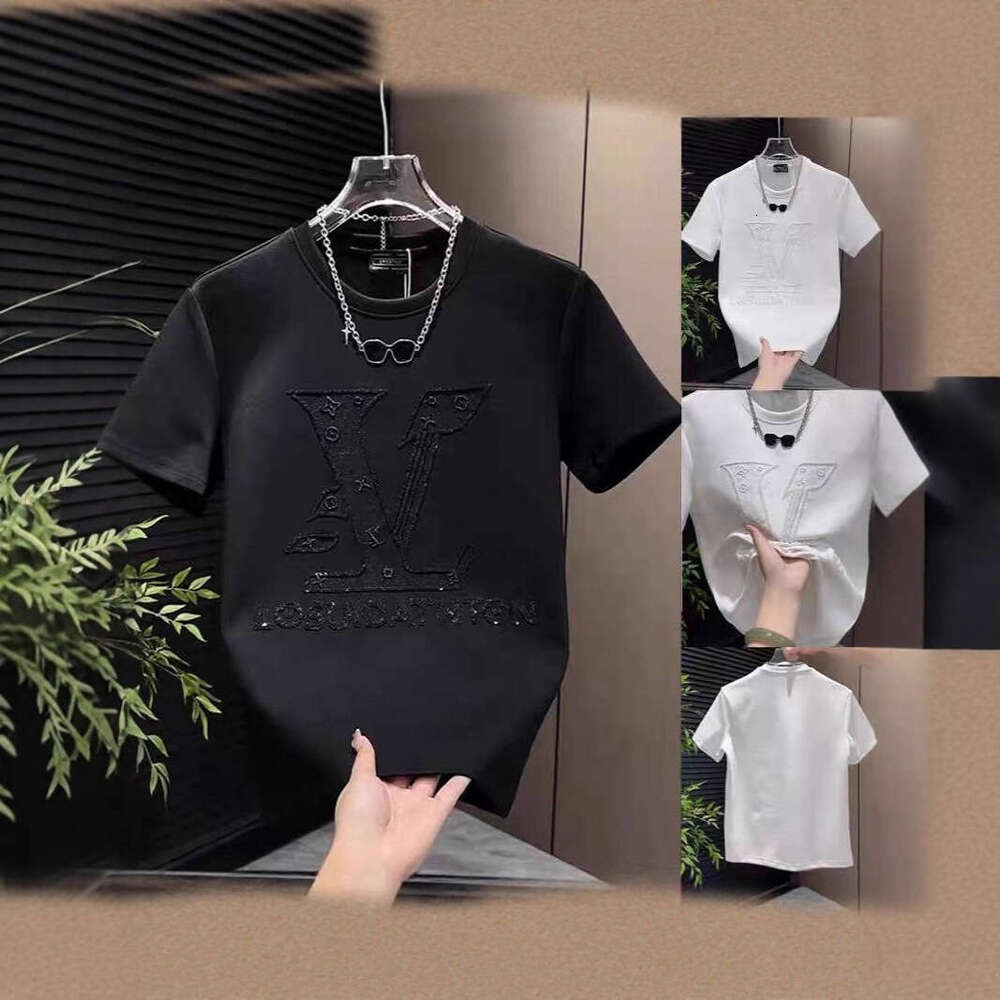 Summer Trend New Men's T-Shirt 2025 Embossed Embroidery Round Neck Internet Celebrity Casual Light Luxury Short Sleeve Top