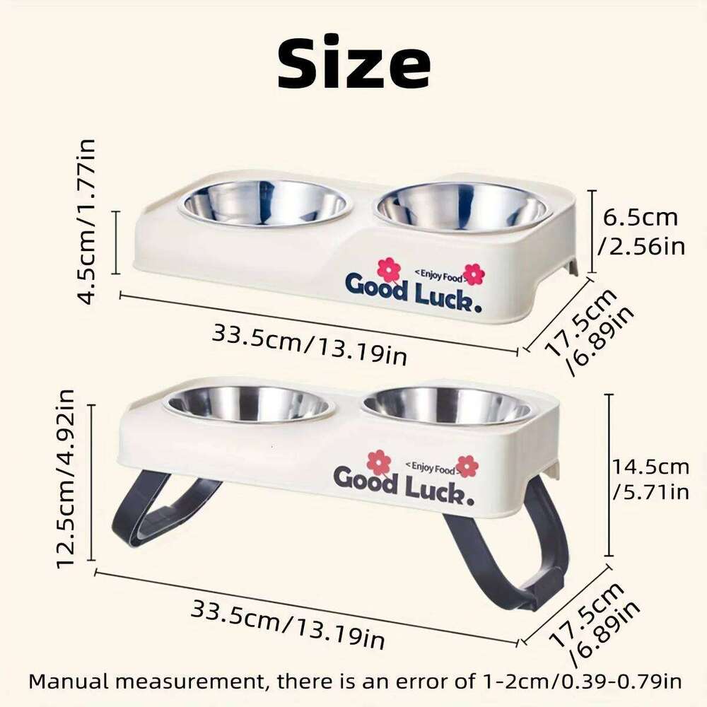 Stainless steel double-bowl elevated pet feeding bowl with non-slip foldable stand suitable for small to medium dogs and cats 26W0330