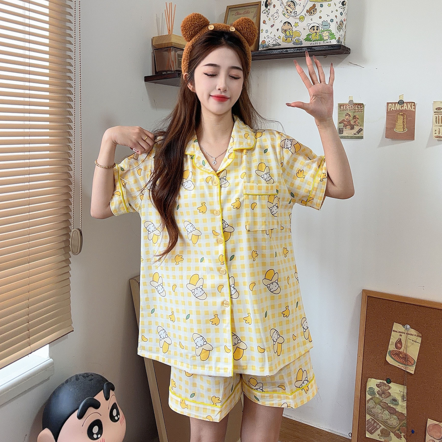 2026 plaid puppy sleepwear summer new short sleeved women's sleepwear cartoon cute cardigan Korean home clothes luxury sleepwear fashionable vers