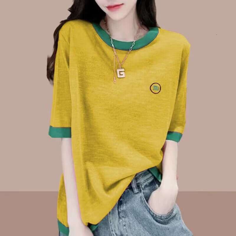 Bamboo Cotton Short-Sleeve T-Shirt For Women, Summer New Style, Color-Blocked, Plus Size, Loose Fit, Youthful, Lightweight Casual Top