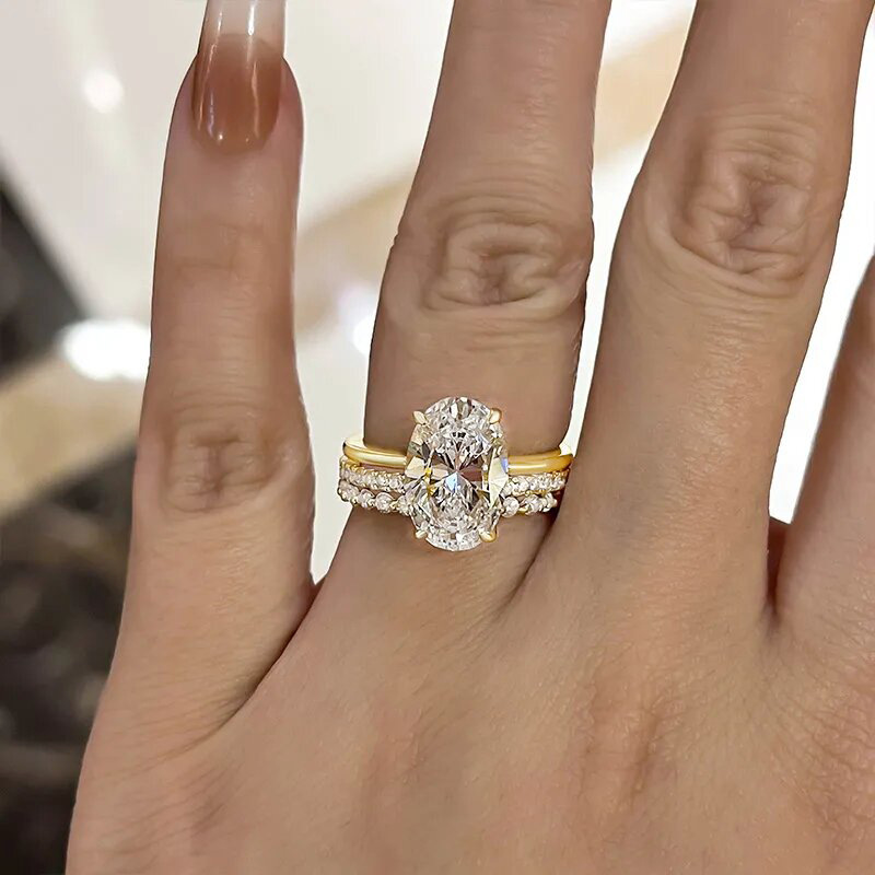 Choucong 18K White Gold Fill 3PCS Oval 5A Zircon CZ Dimaond Ring Set Solitaire Engagement Ring Stackable Eternity Bands Bridal Jewelry For Women Gift