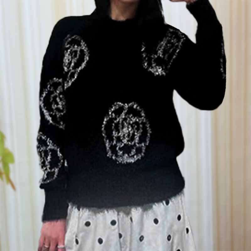 Women's Pullover Sweater, Loose Fit, Round Neck, Black, Long Sleeves, Camellia Sequin Knit Jacquard, Autumn New Model Qipao Hanfu Silk