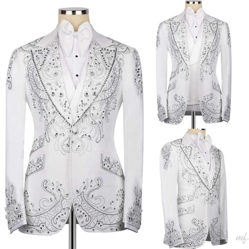 Luxury Crystal Men Suits Slim Fit 2 Piece Jacket Pants One Button Formal Occasion Groom Tuxedos Party Banquet Customized Ropa Hombre
