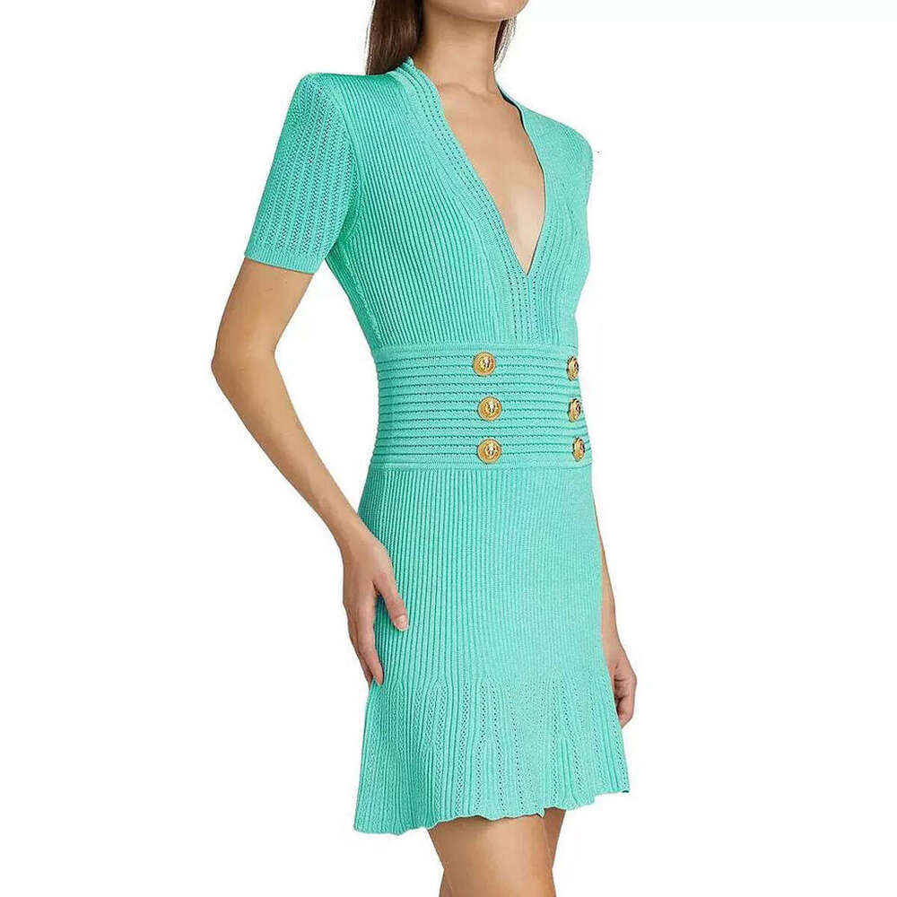 Spring and Autumn New Designer European and American Fashion High f23 Quality Knitted V-neck Slimming Women's Short sleeved Dress