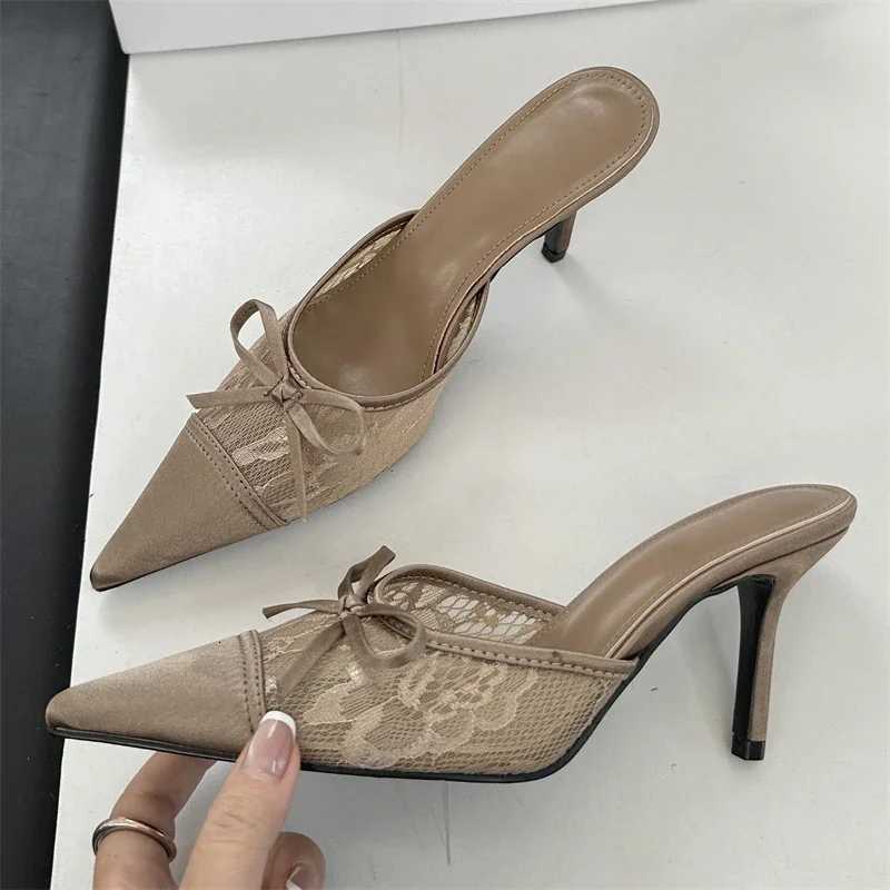 Eilyken Elegant Mesh Fabric Butterfly-knot Pointed Toe Slippers Women Sexy Thin Heels Party Prom Mule Shoes Z260330