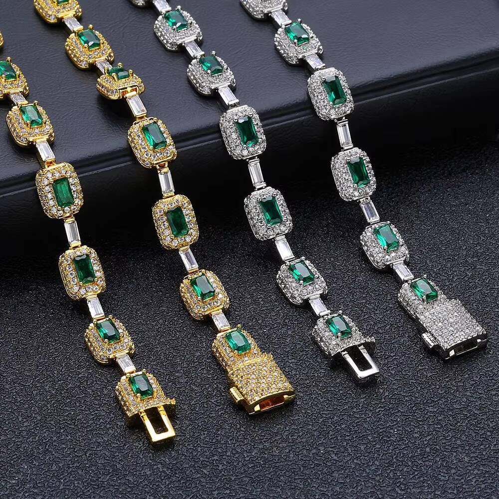 European American High-Grade Emerald Moissanite Bracelet for Women Trendy Hip Hop Color Gem Jewelry Cross-Border Wholesale