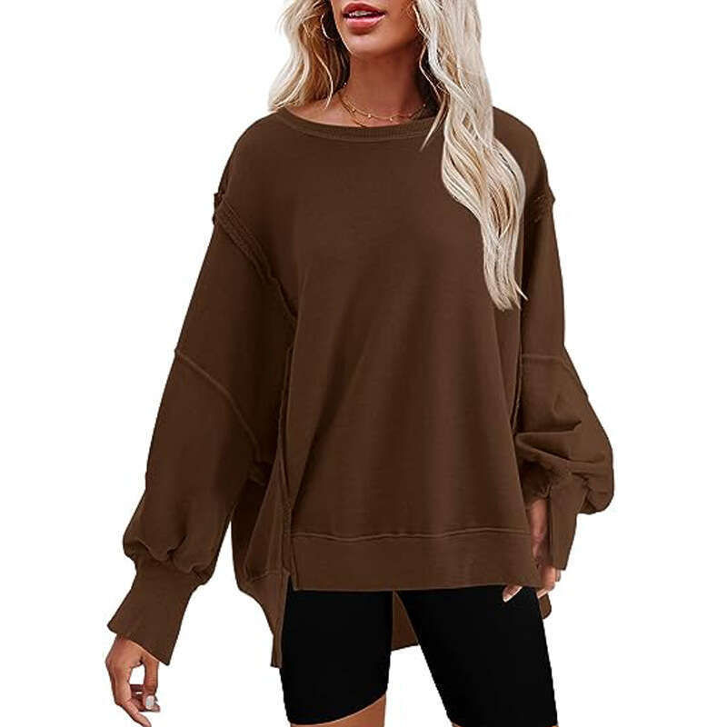 European American Clothing 2026 Fall/Winter New Women's Oversized Round Neck Sweatshirt with Side Slits and Long Sleeves