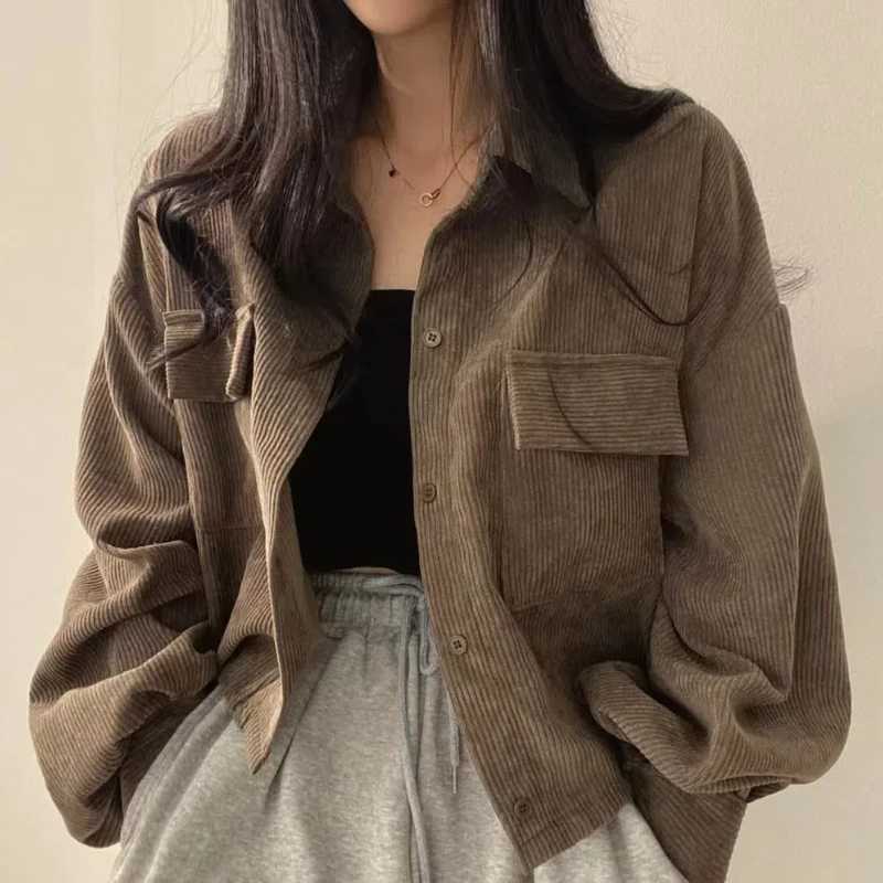 New Fashion Retro Versatile Coat Single Breasted Collar Corduroy Shirt Long Sleeve Womens Top 166T260328