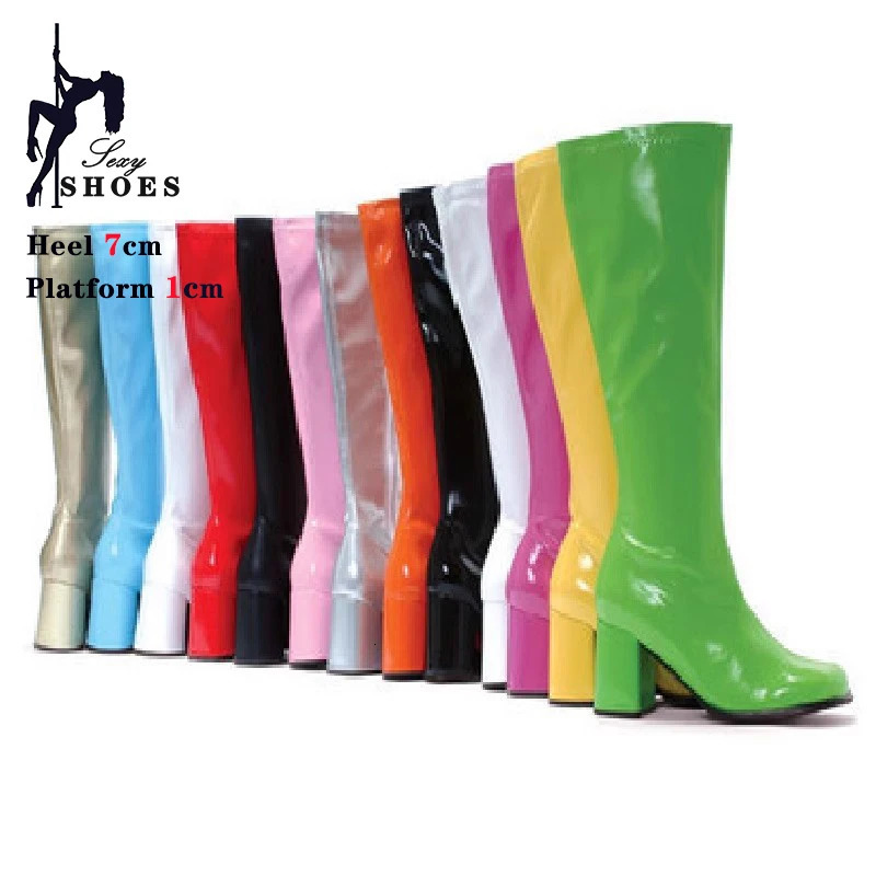 7cm High Heeled Gogo Boots 60s 70s Square Heel Knee-High Party Boots Sexy Retro Zip Women Cross Dressing Shoes Big Size 44 45 4 260327