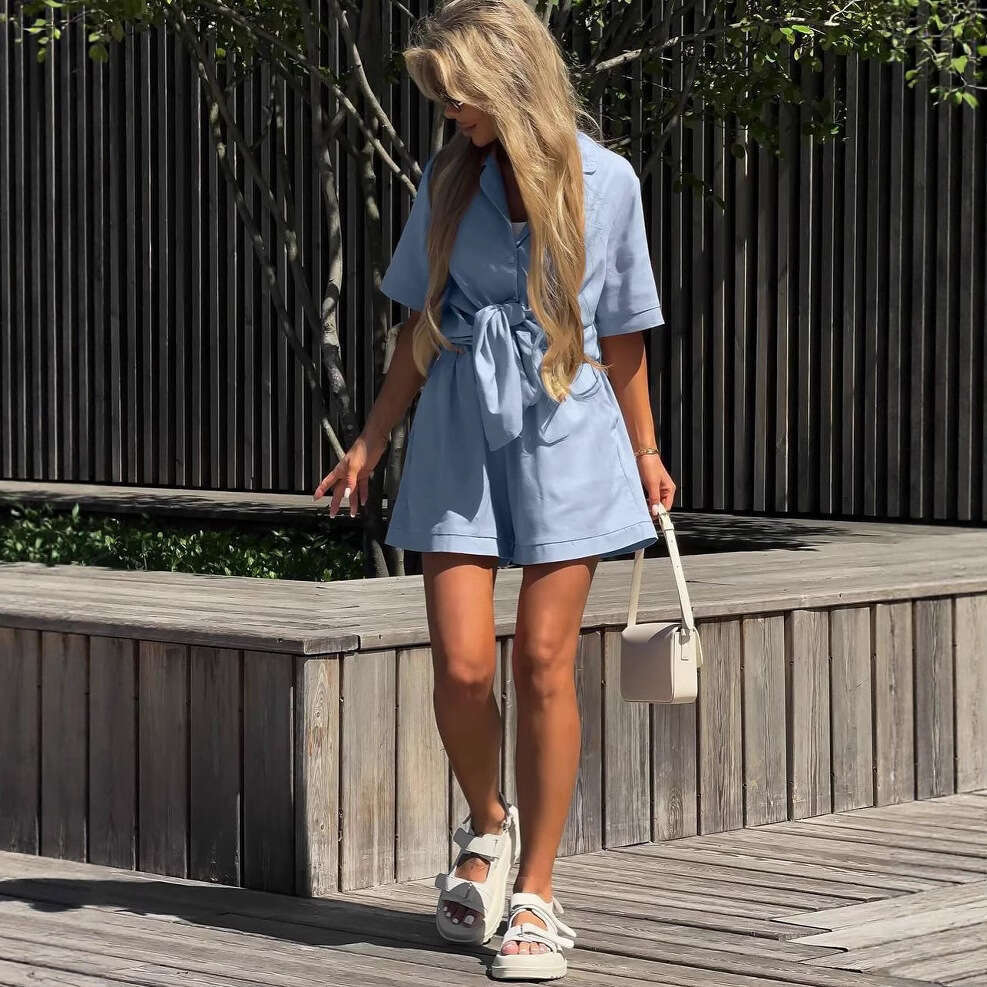 2026 Summer European American Style Cross-Border Women's Fashion Casual Set with Turn-Down Collar, Tie-Waist Short Sleeves and Shorts