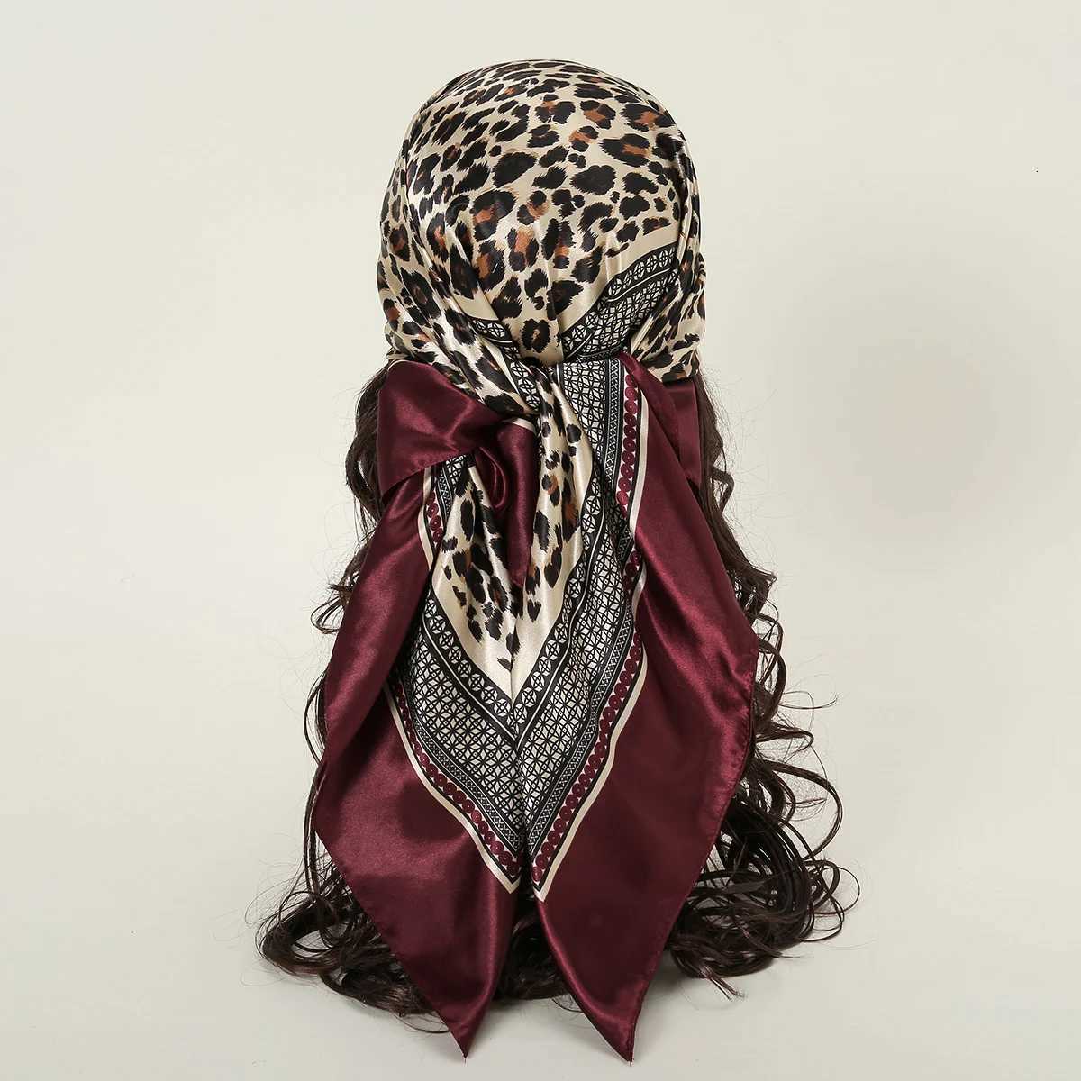 90cm Leopard Print Square Scarf Satin Silk band Muslim Wan Hijab Lady Fashion Hairwrap Rock Style scarf Islam Foard X260328