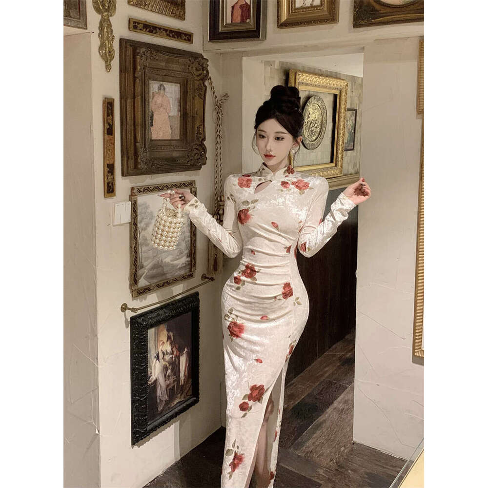 New Elegant Velvet Print Contrast Color Slim Waist Bodycon Skirt Chinese Style Modified Cheongsam Dress Qipao Hanfu Silk