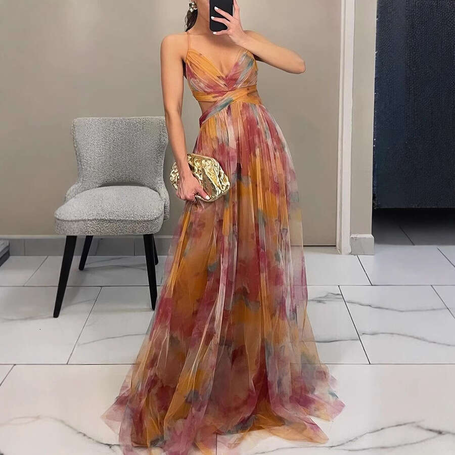 Women Designer Dresses Printed V Neck Slip Dresses Spring 2026 Dresses For Women Cross Strap Backless Dress