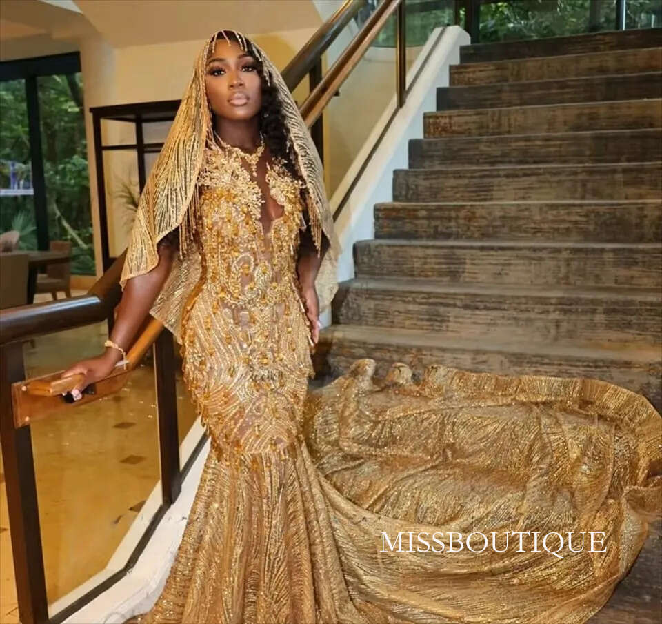 Sequins Prom Dresses Black Girls 2026 Luxury Gold Diamond Sparkly Women Formal Evening Party Gala Gowns Customized D0330