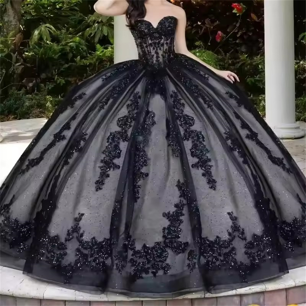 Ball Gown Quinceanera Dresses Glittering Black Princess XV Sequins Lace Plus Size Customized Sweet 15 16 Birthday Party Gowns Vestidos De 15 Anos QD25