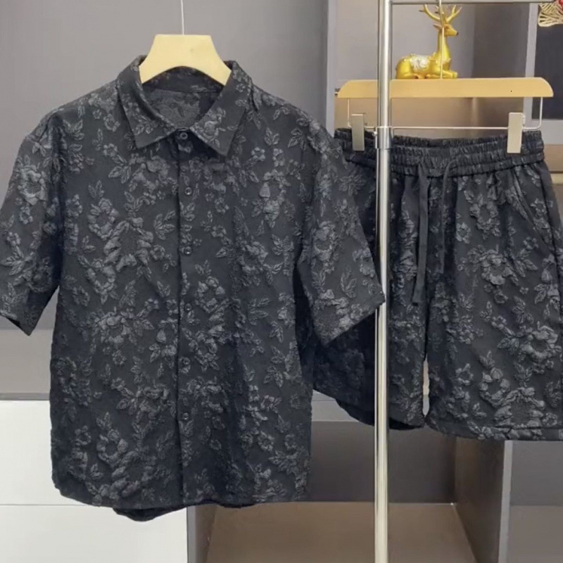 Luxury Brand Designer Clothes Summer New Embossed Casual Set For Men Trendy Cool Quick-Dry Shirt Short Sleeve Shorts Thin Two-Piece Set