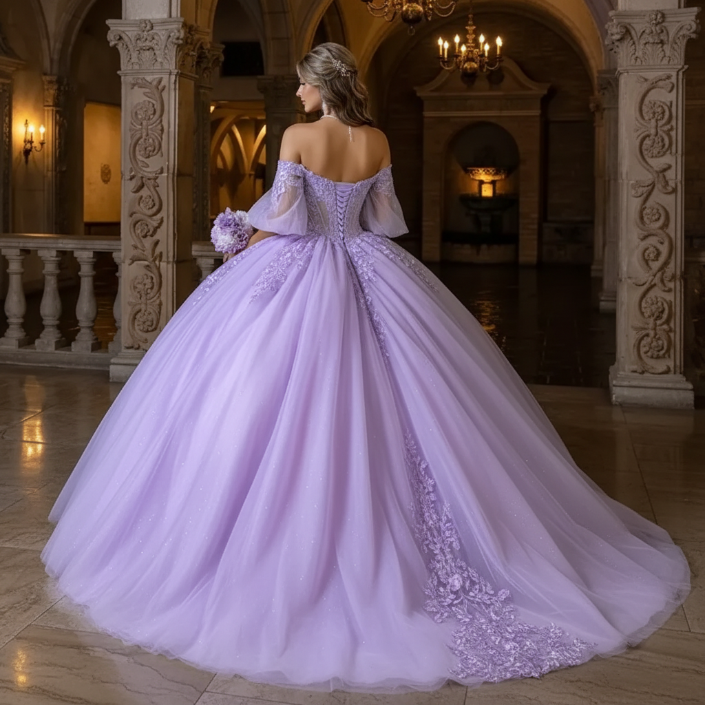 Lilac Ball Gown Princess Quinceanera Dresses Lace Appliques Off-Shoulder Half Sleeves Tulle Gorgeous Prom Birthday Boutique Dress For Teen Girls