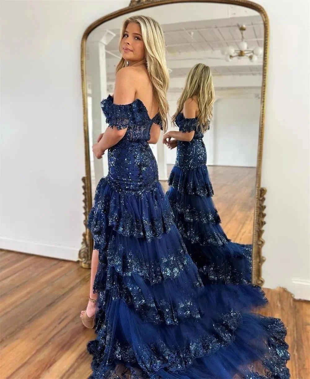 Shiny Sequins Mist Blue Prom Dress 2026 Lace Beaded Off Shoulder Tulle High-low Long Train Formal Birthday Evening Gala Gowns Robe De Soiree