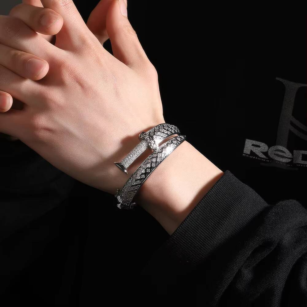Wholesale Brass Jewelry Sword Mens Bracelet Moissanite Diamond Stone Charms Resizable Bangle Bracelet for Women
