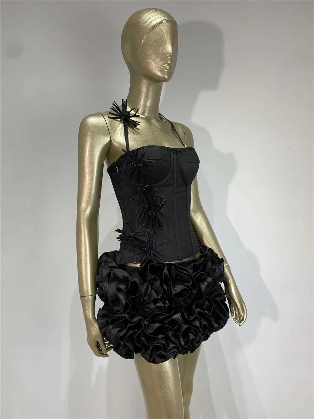 2025 New Designer Bandage Skirt Sets For Women Sexy Halter Bodycon Top And Flower Mini Skirt Two Piece Sets Evening Party Outfit C260331