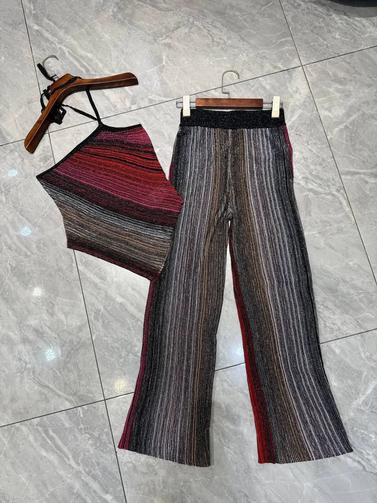 Metallic Sequined Striped Women Knitted Set 2025 New Slanted Shoulder Sleeveless Sexy Camisole + Elastic Waist Straight Pants