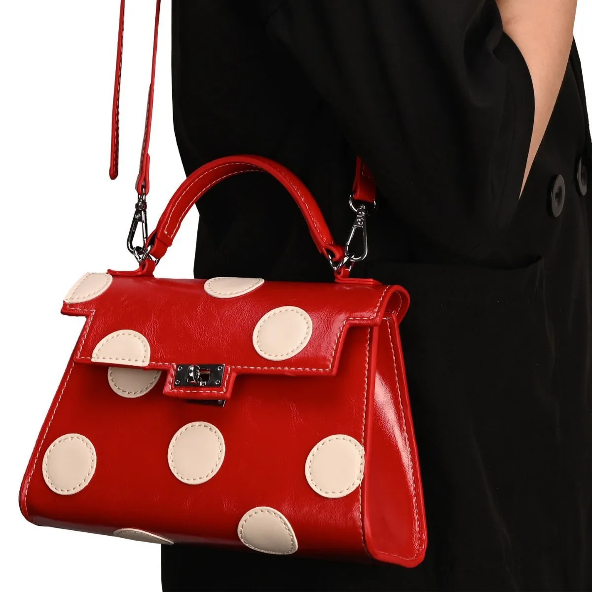 Romantic Polka Dot Handbag Box Shape Bag Top Handle Bag Simple Color Versatile Crossbody Bag 260324