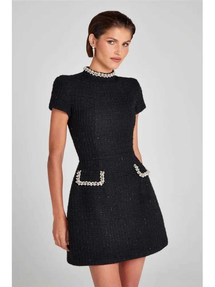 Temperament Xiaoxiangfeng A-Line Dresses Lady Elegant Slim Fit Y2k Short Sleeve Dress Retro O-Neck Patchwork Luxury New Vestidos C260331