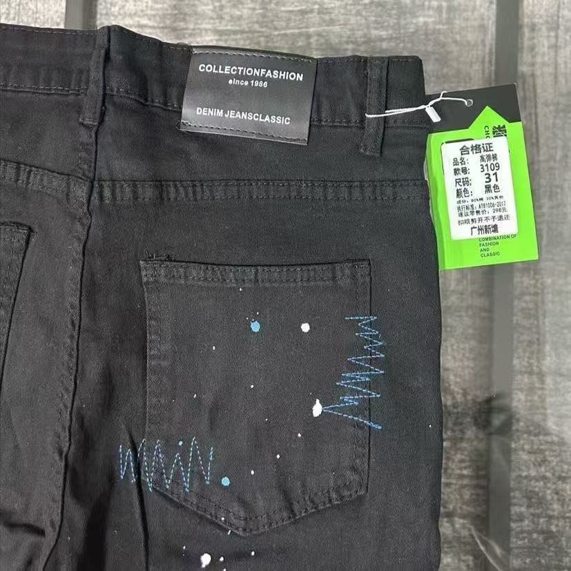 Luxury Brand Designer Clothes High Street Black Cross Rhinestone Distressed Jeans For Men, Trendy Vintage Print Slim-Fit Casual Pants In Japanese Styl - view 4