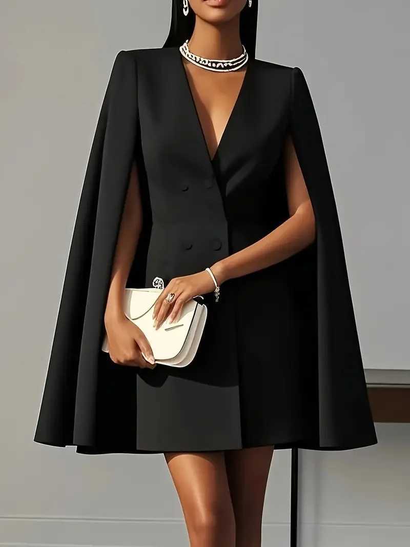 Autumn commuting double-breasted shawl cloak solid colour suit dress womens clothing C260331