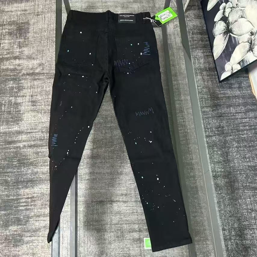 Luxury Brand Designer Clothes High Street Black Cross Rhinestone Distressed Jeans For Men, Trendy Vintage Print Slim-Fit Casual Pants In Japanese Styl - view 3
