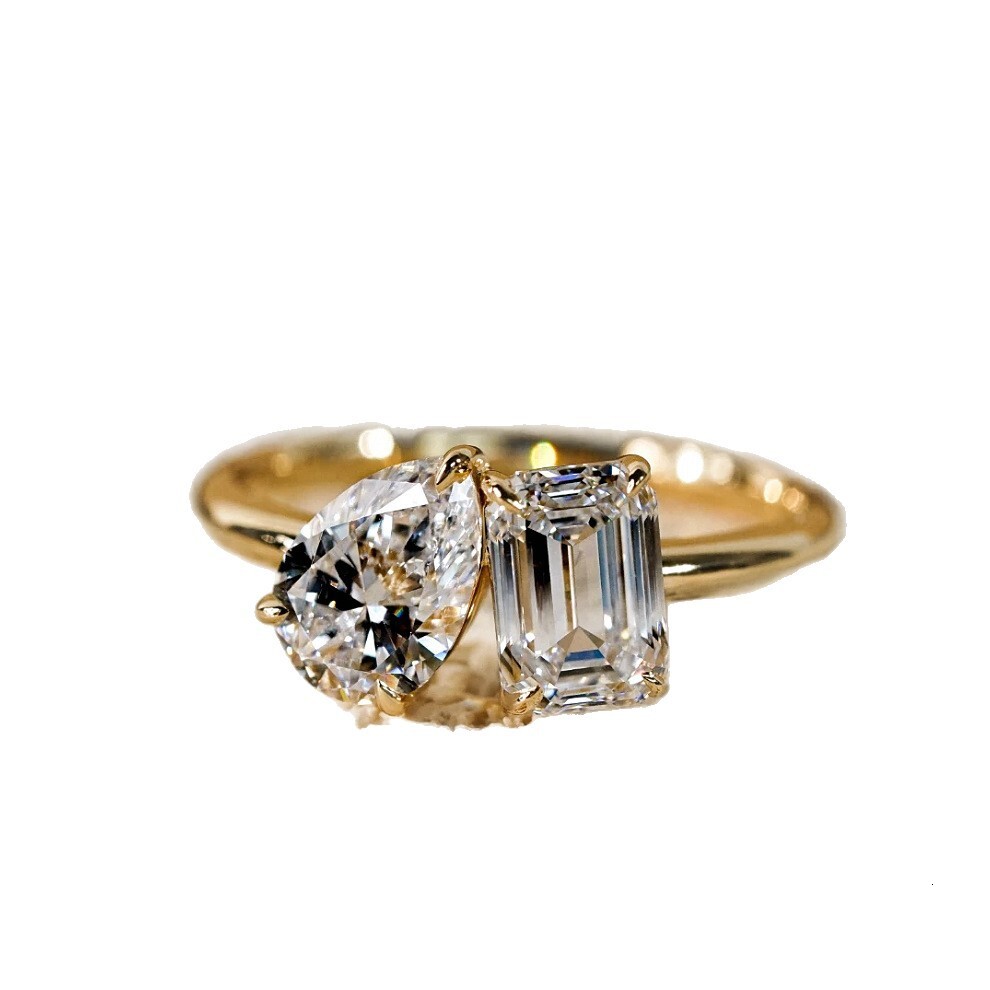 French Vintage Teardrop-Shaped Diamond Ring: Designer 24K Gold-Plated, Exquisite Geometric Dual-Stone Ring for the Ring Fingerg