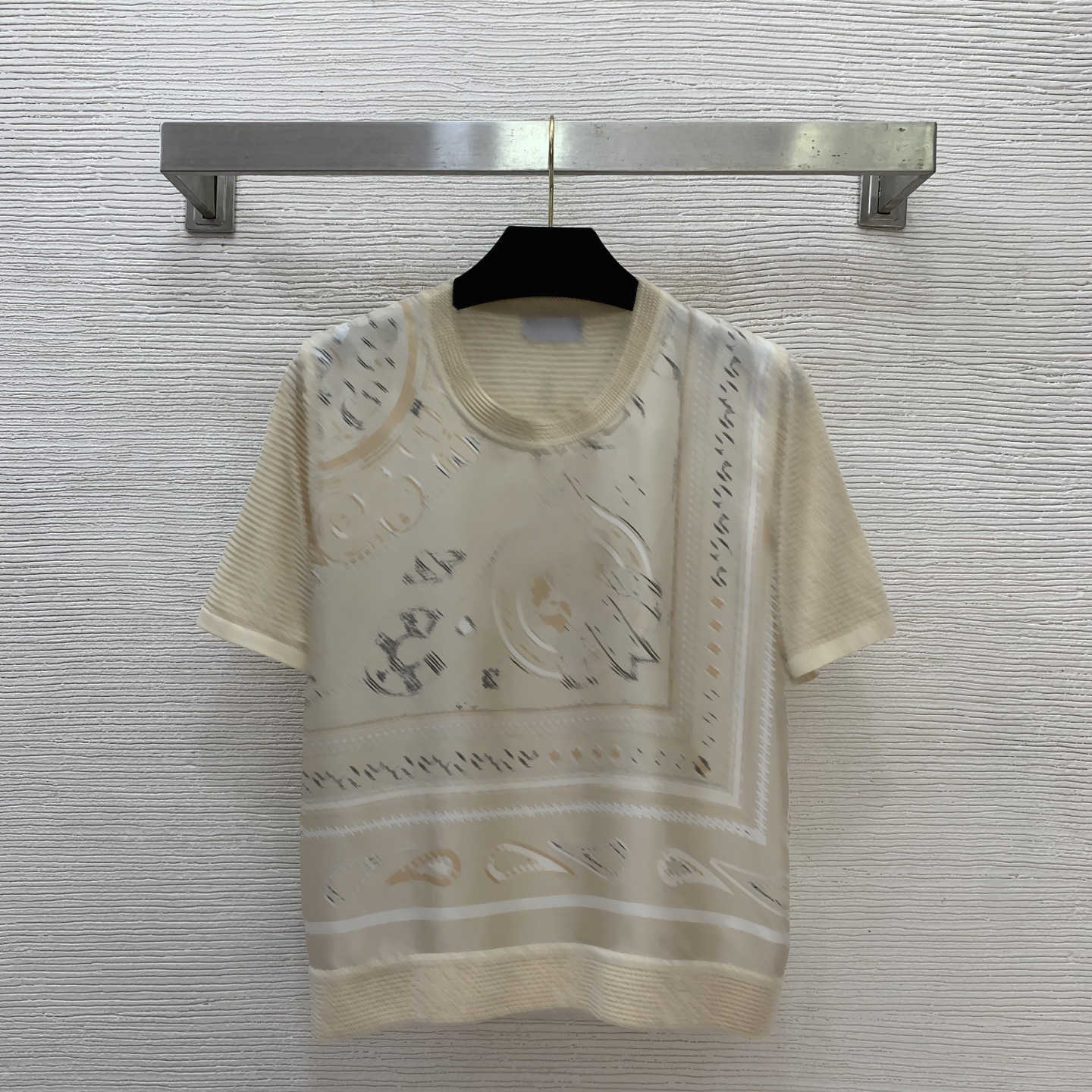 designer t shirt women Silk twill Back panel wool blend knit fabric tee Retro print Breathable short-sleeve luxury top