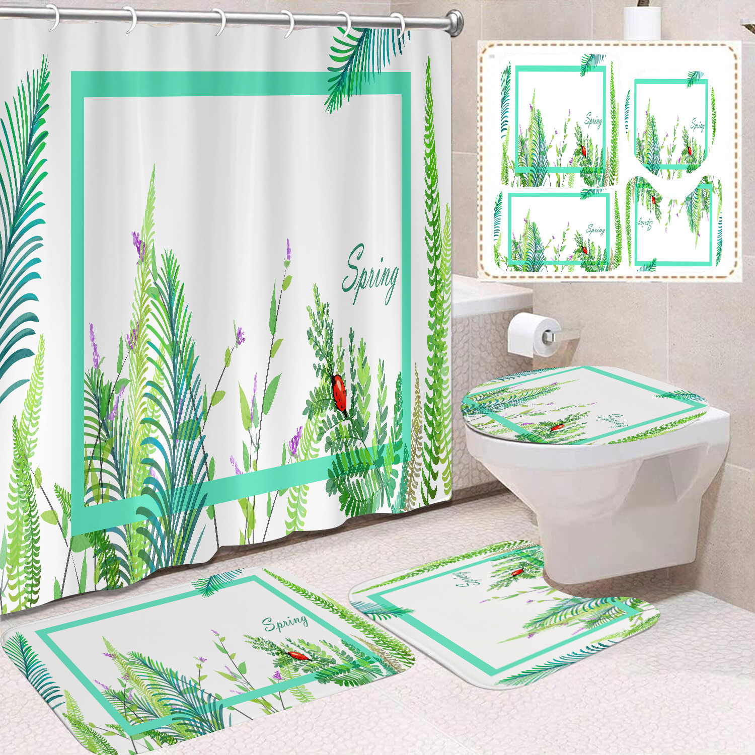 YL-38416 Floral Shower Curtain and Floor Mat Set (4 Pieces) - Bathroom Dry and Wet Separation, Toilet Isolation Curtain, Modern Minimalist Style