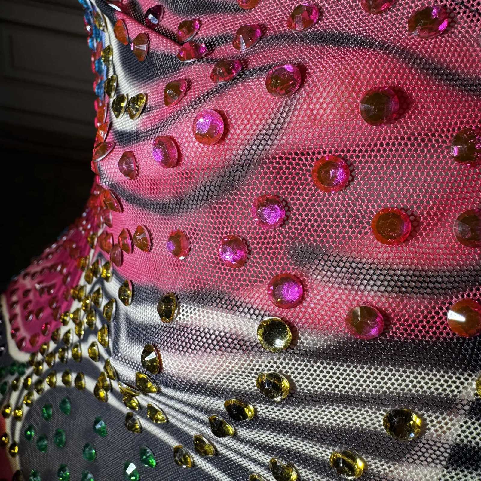 ZD Plus Size Sexy Sheer Mesh Dress with Low Back Colorful Rhinestones - Glamorous Nightclub Party Gown for Women C260331