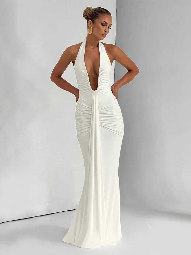 kliou Shirring Halter Women Maxi Dress Classic Solid Low Neck Backless Ribbons Sheath Long Robe Female Simple Elegant Vestidos C260331