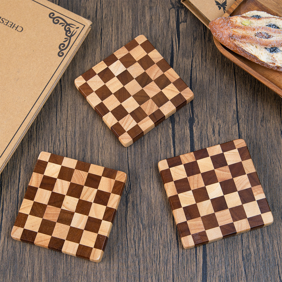 Rubber Wood Checkerboard Heat Insulation Wooden Carbonized Vertical Puzzle Tea Cake Tray Coaster