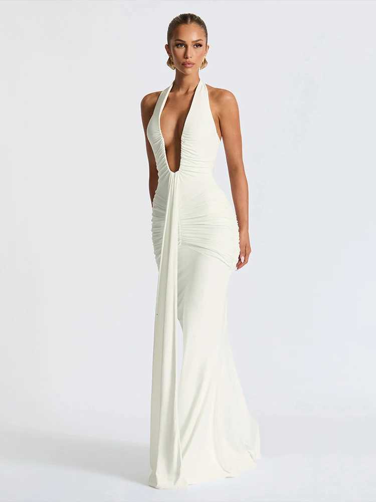 kliou Shirring Halter Women Maxi Dress Classic Solid Low Neck Backless Ribbons Sheath Long Robe Female Simple Elegant Vestidos C260331