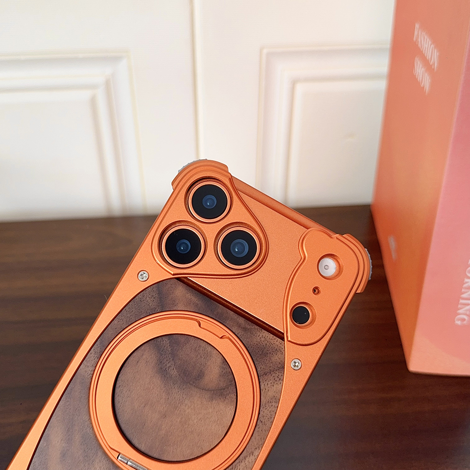 FASTAND Solid Wood Magnetic Phone Case for iPhone 17 Pro 360°Rotate Kickstand Wireless Charging Protective Cover