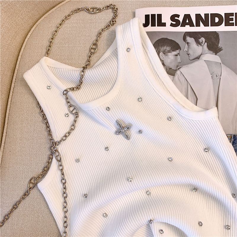 Summer Sexy Sleeveless Vest Korean Fashion Inlay Diamond Luxury Slim Fit Knitting Tank Tops Women Camis Clothes