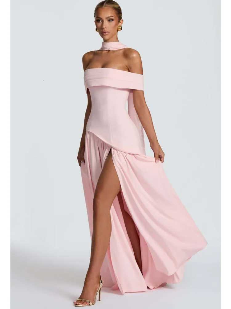 Articat Elegant Off-Shoulder Slit Ruched Party Club Evening Dress Women Sexy Backless Slim Zipper Long Dress Formal Dress 2025 C260331