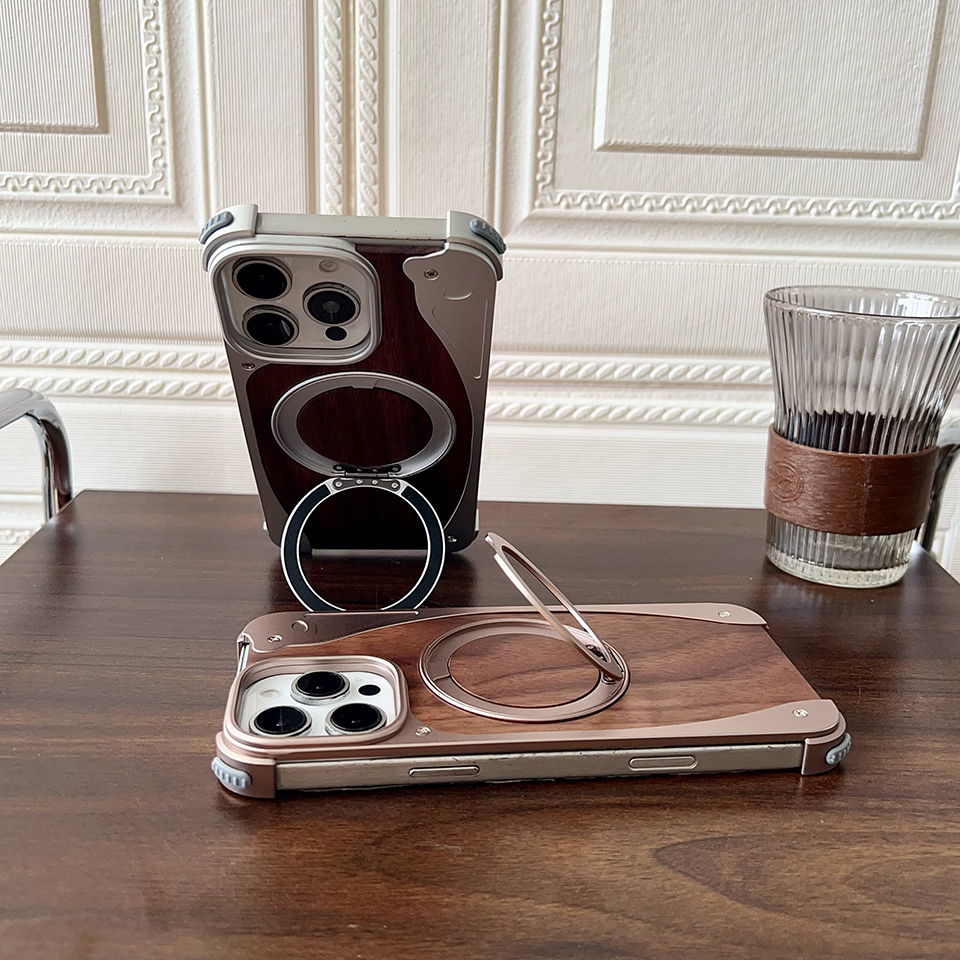 Luxury Walnut Wood MagSafe Case with Built-in Aluminum Swivel Stand for iPhone 15 pro /15 pro Max