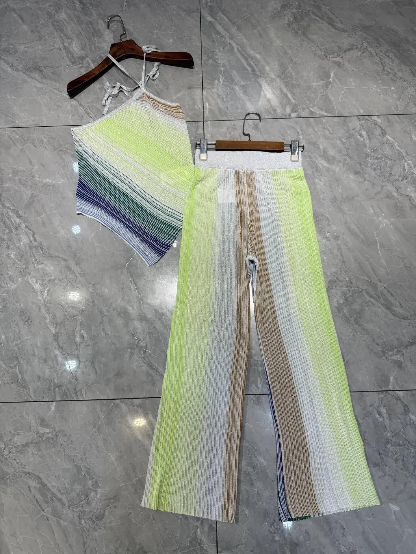 Metallic Sequined Striped Women Knitted Set 2025 New Slanted Shoulder Sleeveless Sexy Camisole + Elastic Waist Straight Pants