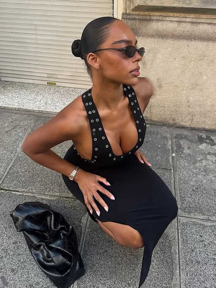 CNYISHE Halter Solid Backless Women Dresses Sleeveless Fashion Sheath Trendy Split Sexy Club Party Bodycon Vestidos Female Robes C260331