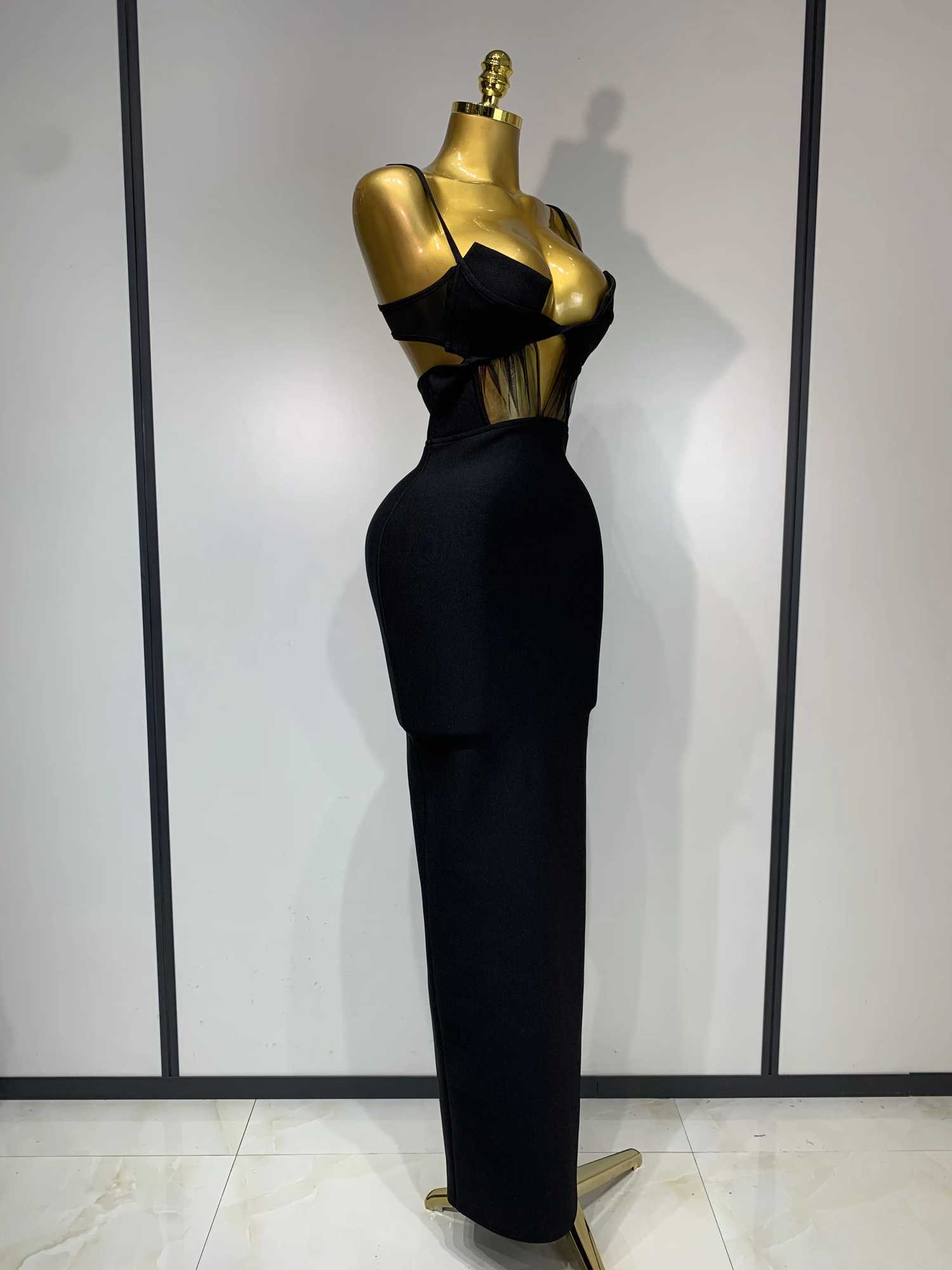 Fashion Black Spaghetti Strap Maxi Long Bandage Dress Mesh Cut Out Elegant Celebirty Bodycon Evening Club Party Birthday Dresses C260331