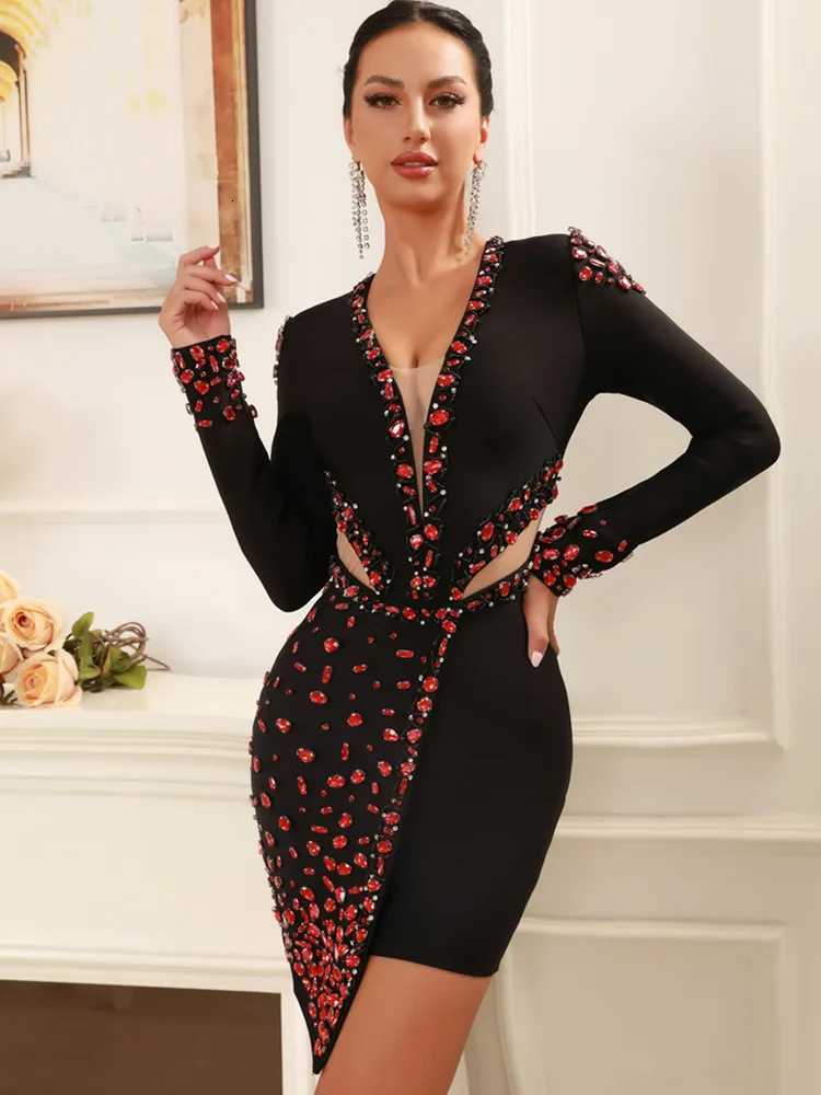 Women Winter Sexy Long Sleeve V Neck Beading Black Mini Bandage Dress 2025 Knitted Elegant Evening Club Party Dress C260331